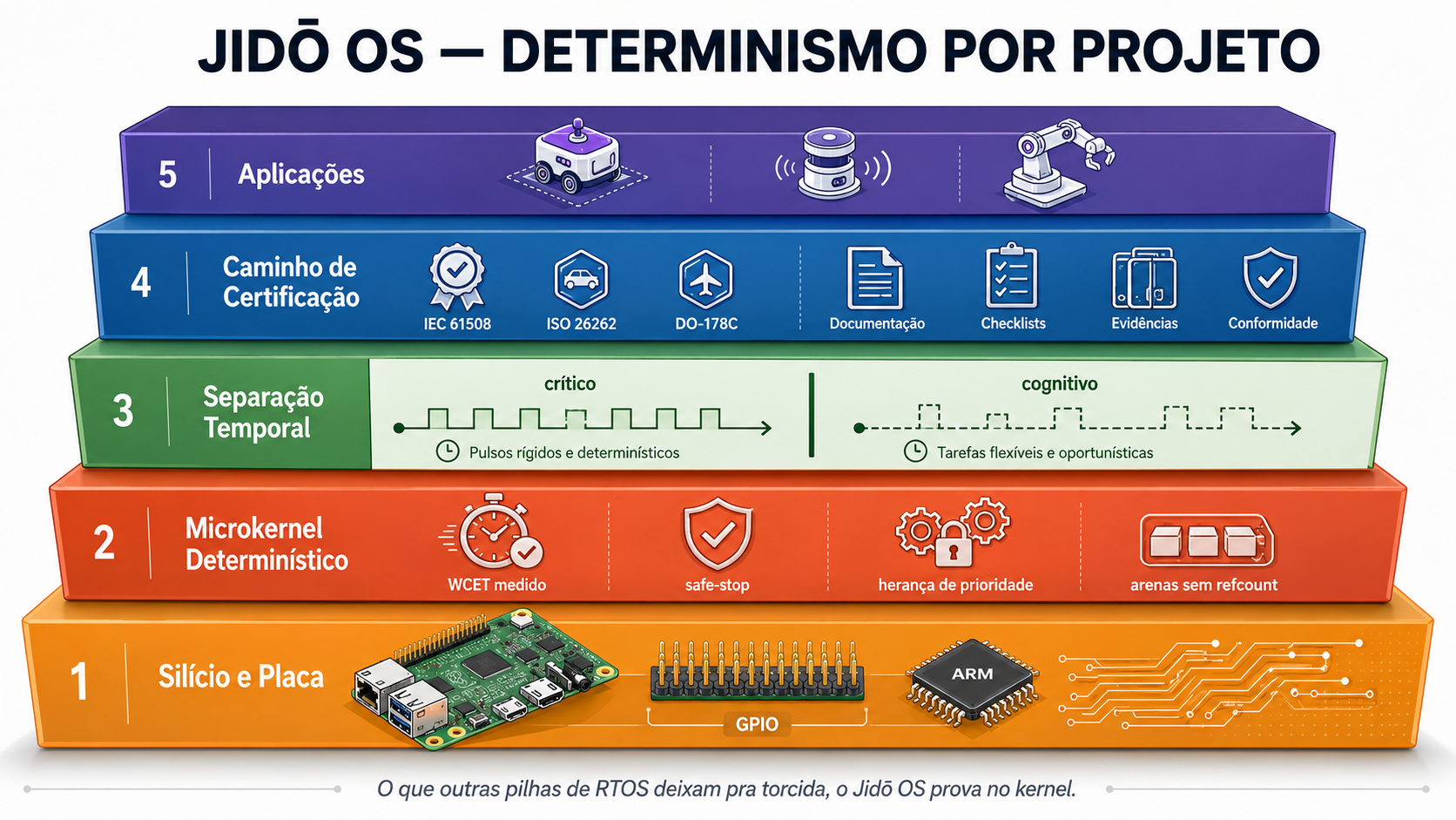 Infográfico Jidō OS — Determinismo por Projeto. Cinco camadas: silício e placa; microkernel determinístico com WCET, safe-stop, herança de prioridade e arenas; separação temporal entre tarefas críticas e cognitivas; caminho de certificação; e aplicações autônomas e industriais.