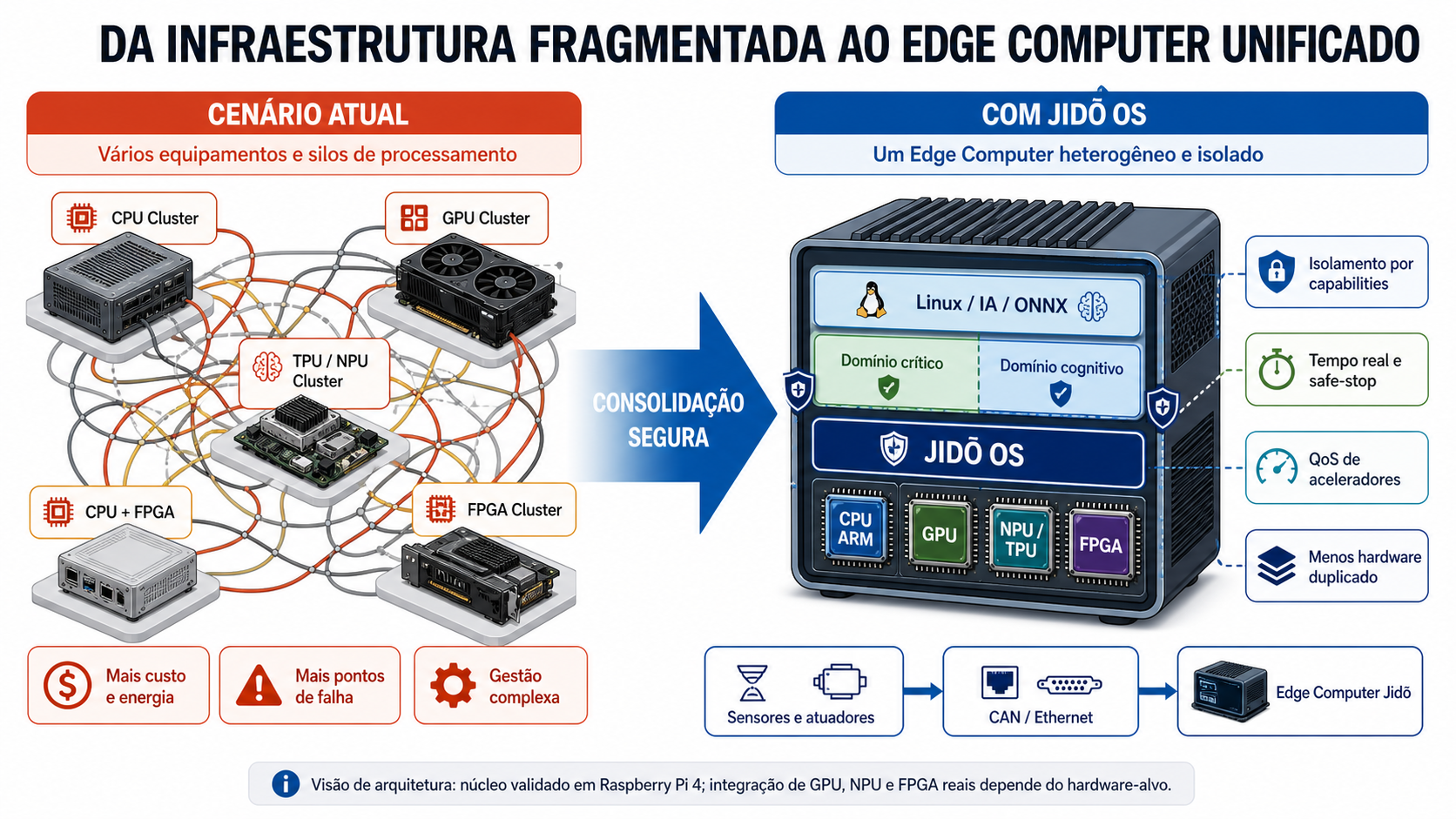 Comparação entre uma infraestrutura fragmentada com clusters separados de CPU, GPU, TPU, NPU e FPGA e um Edge Computer unificado com Jidō OS, domínios crítico e cognitivo isolados e aceleradores sob controle.