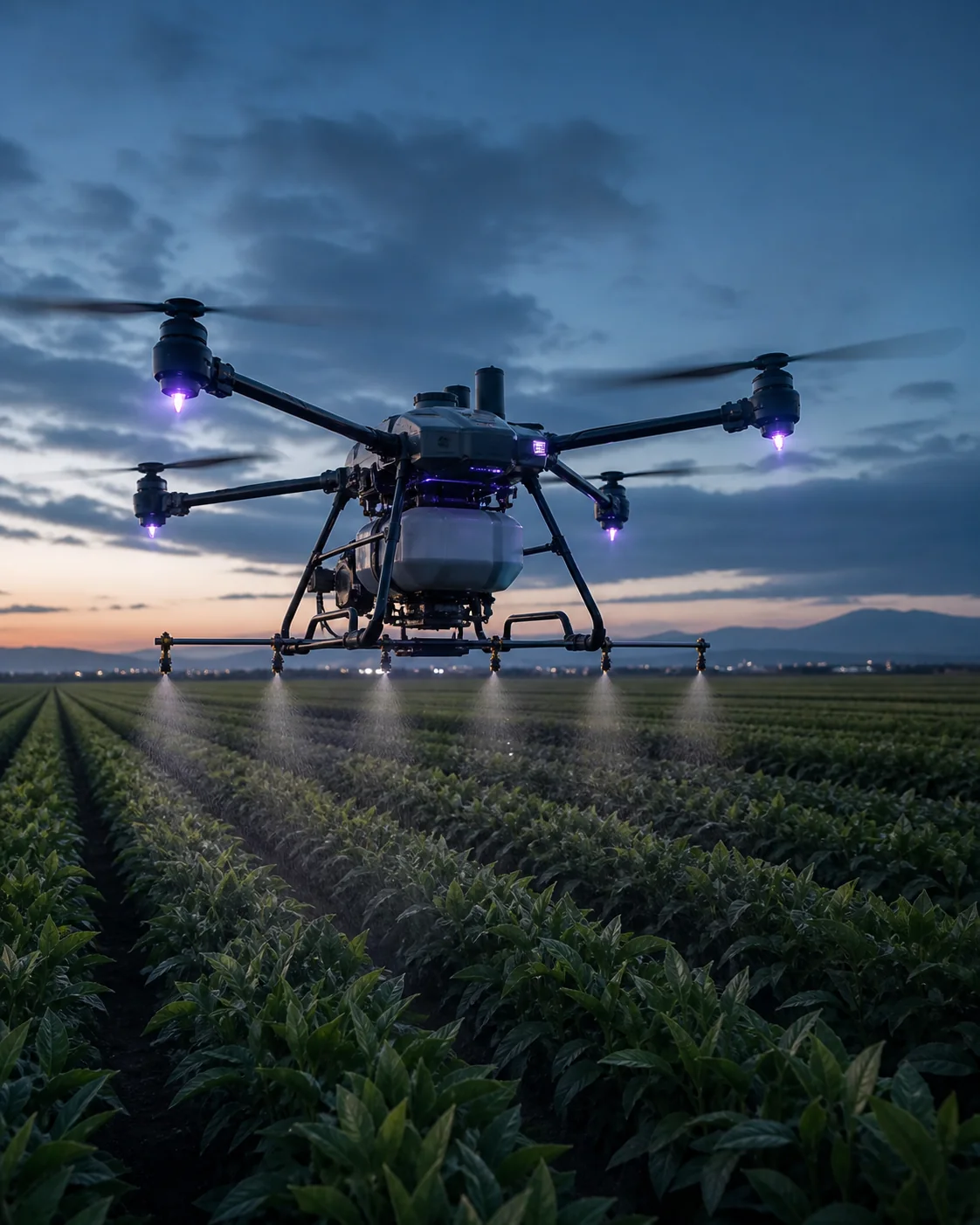 Drone agrícola autônomo pulverizando uma lavoura ao entardecer