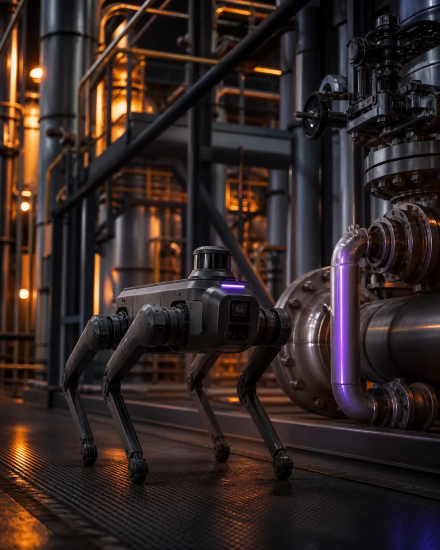 Robô quadrúpede realizando inspeção em uma planta industrial