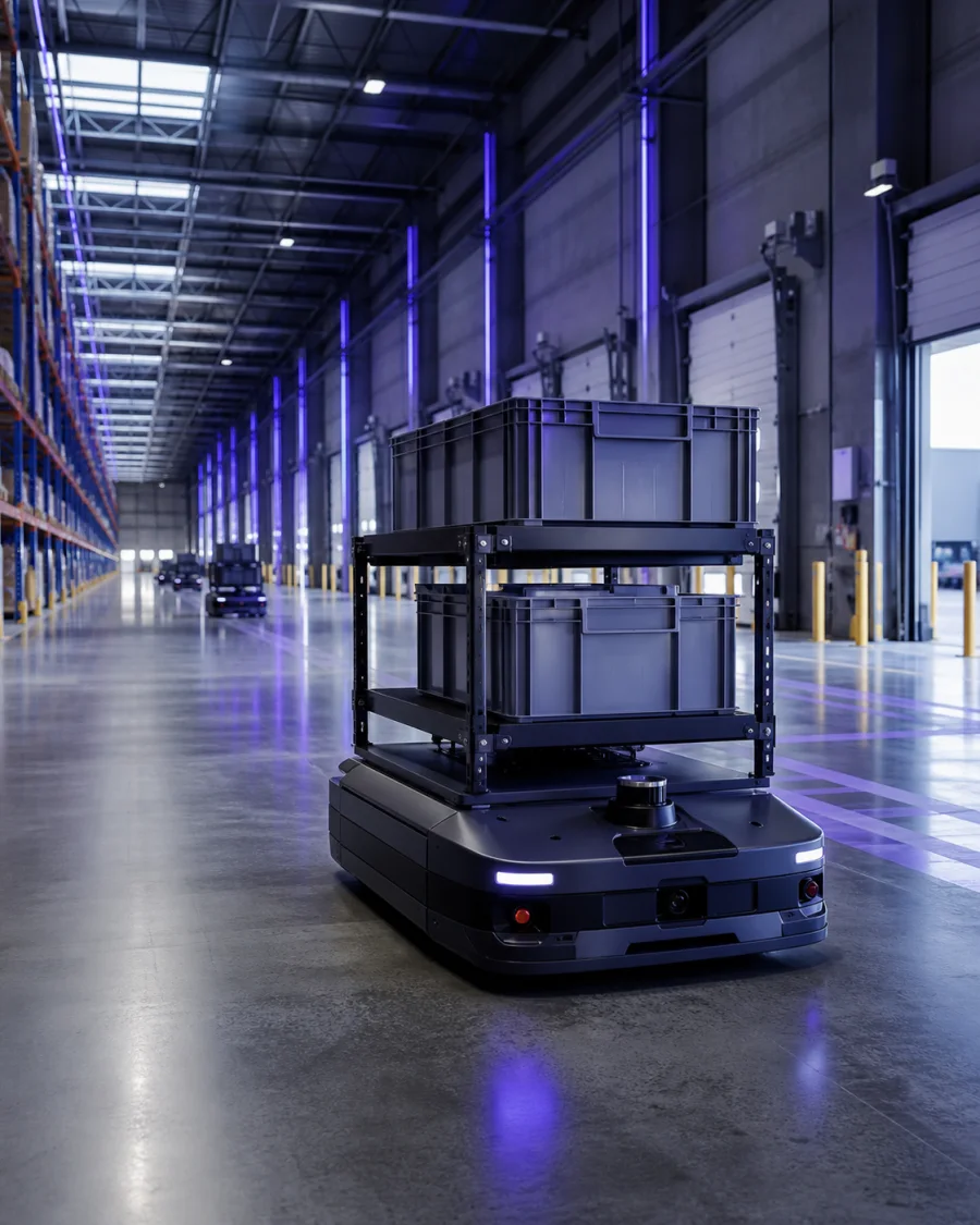Robô móvel transportando volumes em um centro de distribuição